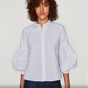 Zara Basic Edition Pearl Balloon Sleeve White Button-down Shirt Sz XS